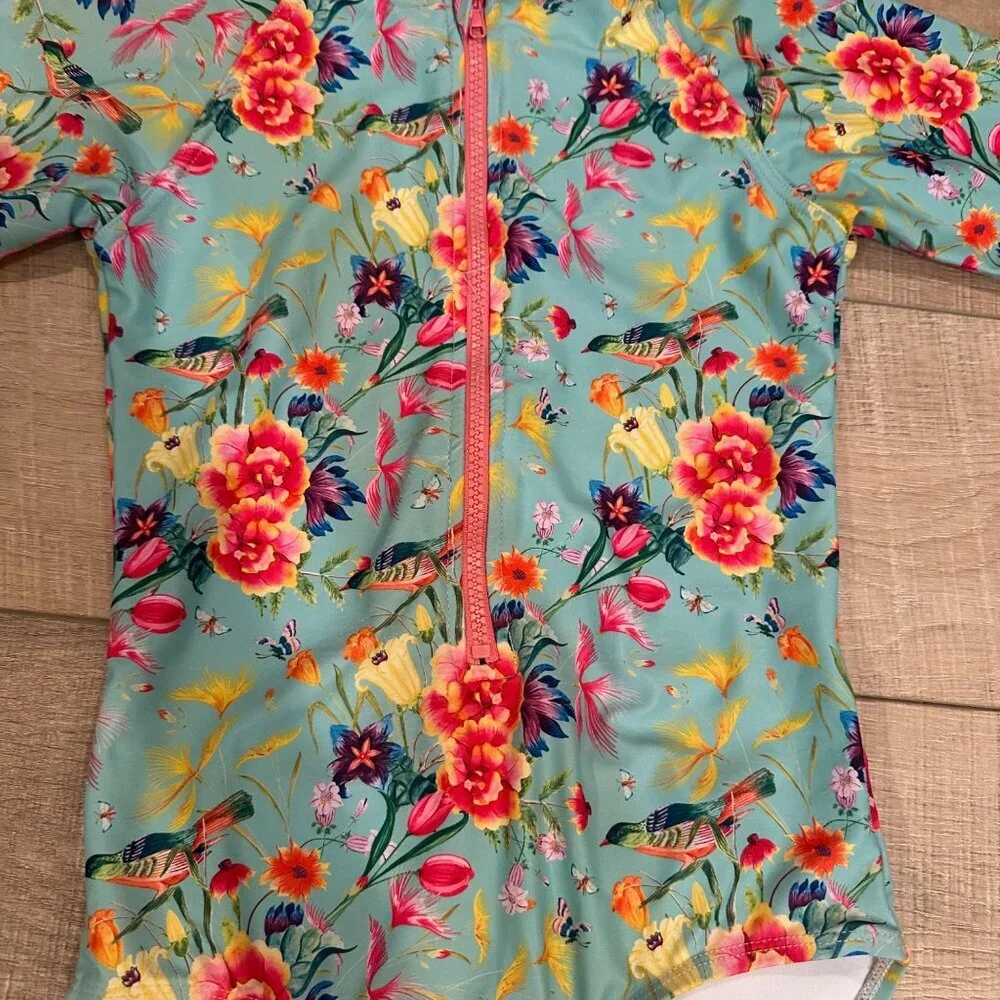 TAME THE SUN GIRLS 1 PIECE SWIM SUIT SIZE 9 BIRD BLUE FLORAL RUFFLES